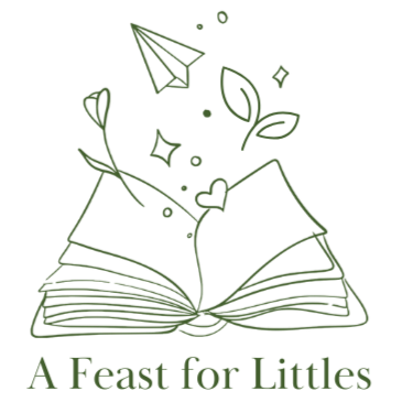 Green Book with flower, paper airplane, and sprout coming out - A Feast for Littles Logo